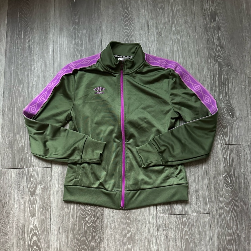 Umbro Green and Purple Track Jacket with Stand-Up Collar Size S